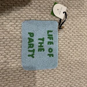 Kate Spade Light Blue Beaded Pouch with Green Text